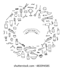 Hand drawn doodle Hair salon icons set. Vector illustration. Barber symbols collection. Cartoon hairdressing equipment elements: shampoo, mask, hair die, scissors, iron, curlers, dryer, razor.