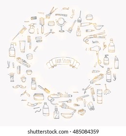 Hand drawn doodle Hair salon icons set. Vector illustration. Barber symbols collection. Cartoon hairdressing equipment elements: shampoo, mask, hair die, scissors, iron, curlers, dryer, razor.
