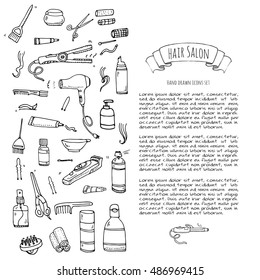 Hand drawn doodle Hair salon icons set. Vector illustration. Barber symbols collection. Cartoon hairdressing equipment elements: shampoo, mask, hair die, scissors
