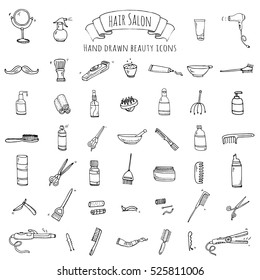 Hand drawn doodle Hair salon icons set. Vector illustration. Barber symbols collection. Cartoon hairdressing equipment elements: shampoo, mask, hair die, scissors, iron, curlers, dryer, razor.