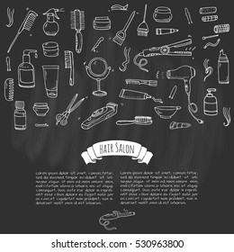 Hand drawn doodle Hair salon icons set. Vector illustration. Barber symbols collection. Cartoon hairdressing equipment elements: shampoo, mask, hair die, scissors, iron, curlers, dryer, razor.