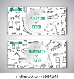Hand drawn doodle Hair salon icons set. Vector illustration. Barber symbols collection Flyer template Cartoon hairdressing equipment element: shampoo mask hair die scissors iron curlers dryer razor