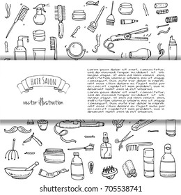 Hand drawn doodle Hair salon icons set. Vector illustration. Barber symbols collection. Cartoon hairdressing equipment elements: shampoo, mask, hair die, scissors, iron, curlers, dryer, razor.
