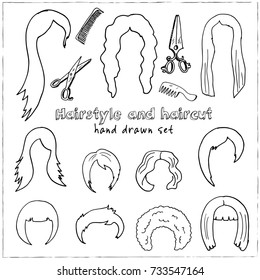 Hand drawn doodle hairstyle and haircut set. Vector illustration. Isolated elements on white background. Symbol collection. 