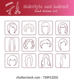 Hand drawn doodle hairstyle and haircut set. Vector illustration. Isolated elements on white background. Symbol collection.
