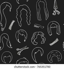 Hand drawn doodle hairstyle and haircut seamless pattern Vector illustration. Symbol collection.