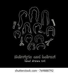 Hand drawn doodle hairstyle and haircut set. Vector illustration. Isolated elements on chalkboard background. Symbol collection.