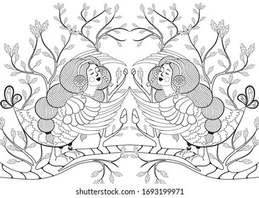 Hand drawn doodle half woman half bird creature with leafs and branches for coloring book page