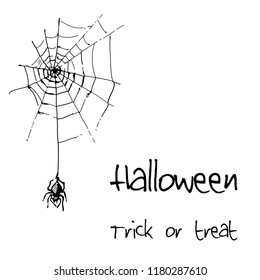 Hand drawn doodle halloween elements, spider with web. Black objects, white background. Vector doodle illustration.