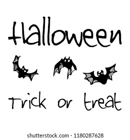 Hand drawn doodle halloween elements, bats. Black objects, white background. Vector doodle illustration.