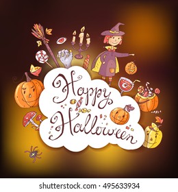 Hand drawn doodle  halloween greeting card with the witch, the pumpkin, broom, mushroom, candle, spider and sweets. Cute kids style. Pastel colors. Blur background.