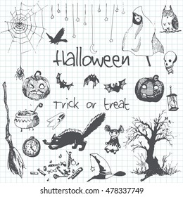 Hand drawn doodle Halloween party elements. Gray pencil objects, notebook background. Design illustration for poster, flyer.