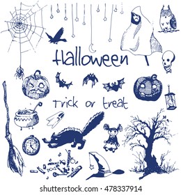 Hand drawn doodle Halloween party elements. Blue pen objects, white background. Design illustration for poster, flyer.