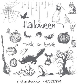 Hand drawn doodle Halloween party elements. Gray pencil objects, white background. Design illustration for poster, flyer.
