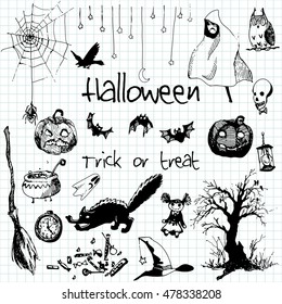 Hand drawn doodle Halloween party elements. Black pen objects, notebook background. Design illustration for poster, flyer.