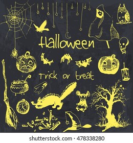Hand drawn doodle Halloween party elements. Yellow objects, black watercolor background. Design illustration for poster, flyer.