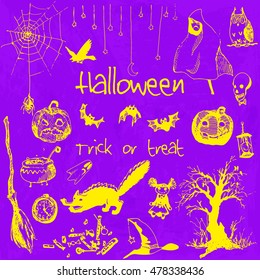 Hand drawn doodle Halloween party elements. Yellow objects, violet watercolor background. Design illustration for poster, flyer.