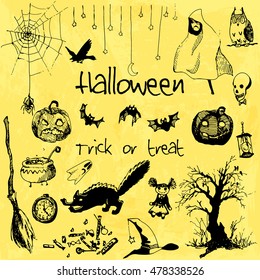 Hand drawn doodle Halloween party elements. Black objects, yellow watercolor background. Design illustration for poster, flyer.