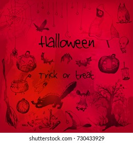 Hand drawn doodle halloween party elements. Dark objects, red watercolor background. Design illustration for poster. Infographics advertising banner poster, flyer, design menu template.