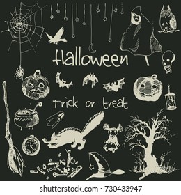 Hand drawn doodle halloween party elements. Chalk outlined objects, blackboard background Design illustration for poster. Infographics advertising banner poster, flyer, design menu template.