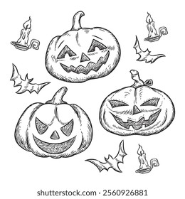 Hand Drawn Doodle Halloween With Scary Halloween Ghost. Black pen objects, Vector Illustration Cartoon EPS Images. 