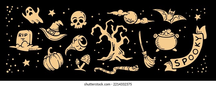 Hand drawn Doodle Halloween set horror icon drawing sketch isolated in black