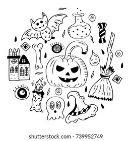 Hand Drawn Doodle Halloween Symbols Arranged in a Circle. Vector Illustration.