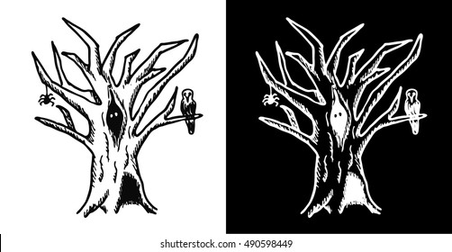 Hand drawn doodle Halloween tree. Black pen objects drawing. Design illustration for poster, flyer over white background.