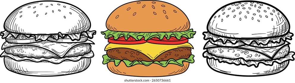 Ilustrações de hambúrguer de doodle desenhadas à mão em esboço de linha de arte. marca de restaurante, design de menu, marketing de fast food e gráficos de comida de estilo vintage.