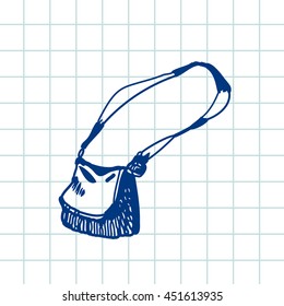 Hand drawn doodle handbag. Blue pen outline,notebook background. Pupil, student,  school, education.