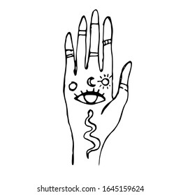 hand drawn doodle hand.Cartoon style illustration for logo, design, label, symbol. Hand with symbols. Spiritual occultism and chemistry, magic tattoo sketch. Vector