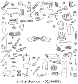 Hand drawn doodle Handmade icons set. Vector illustration. Sewing collection. Cartoon hand made various sketch elements: embroidery, jewelry making, button, needle, scissors, spool, pin, knitting