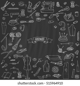 Hand drawn doodle Handmade icons set. Vector illustration. Sewing collection. Cartoon hand made various sketch elements: embroidery, jewelry making, button, needle, scissors, spool, pin, knitting