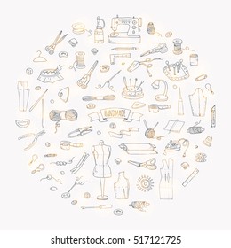 Hand drawn doodle Handmade icons set. Vector illustration. Sewing collection. Cartoon hand made various sketch elements: embroidery, jewelry making, button, needle, scissors, spool, pin, knitting