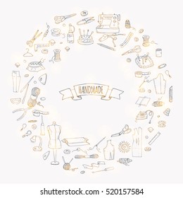 Hand drawn doodle Handmade icons set. Vector illustration. Sewing collection. Cartoon hand made various sketch elements: embroidery, jewelry making, button, needle, scissors, spool, pin, knitting