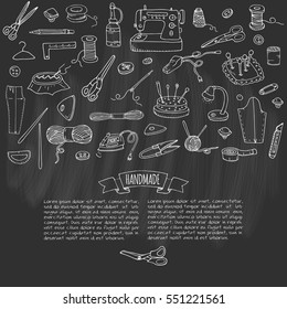 Hand drawn doodle Handmade icons set. Vector illustration. Sewing collection. Cartoon hand made various sketch elements: embroidery, jewelry making, button, needle, scissors, spool, pin, knitting