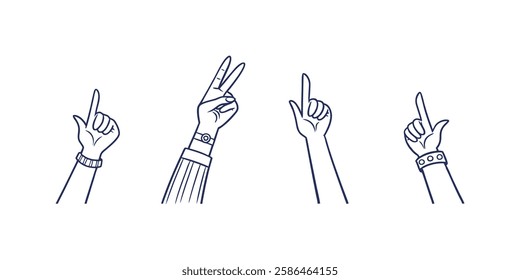 Hand Drawn Doodle Hands Up Gestures, Comic Icon Silhouettes, Expressive Hand Signs