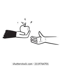hand drawn doodle hands giving and receiving apples illustration isolated