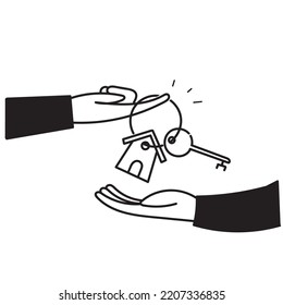 hand drawn doodle hands giving keys real estate concept illustration vector