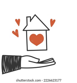 hand drawn doodle Hands holding house with heart icon illustration