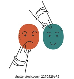 hand drawn doodle Hands holding masks with happy and sad faces illustration vector