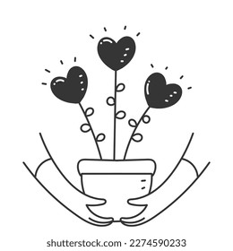 doodle dibujado a mano Manos sosteniendo plantas domésticas con corazones como flores