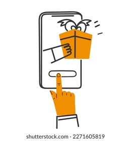 hand drawn doodle Hands pressing button on phone sending gift box illustration