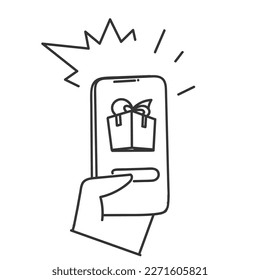 hand drawn doodle Hands pressing button on phone sending gift box illustration