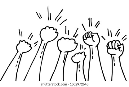 hand drawn of doodle hands up. fist hand, protest symbol, power sign. vector illustration