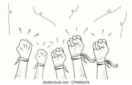 hand drawn of doodle hands up. fist hand, protest symbol, power sign. isolated on white background. vector illustration