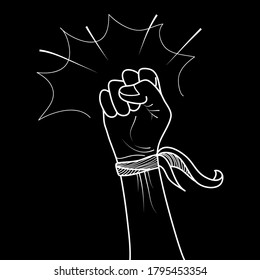 hand drawn of doodle hands up. fist hand, protest symbol, power sign. isolated on black background. vector illustration