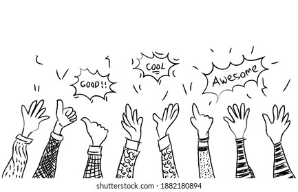 mano dibujada de las manos del doodle hacia arriba. 1.ᵉʳ mano 
aplausos, pulgares hacia arriba y con la burbuja del habla "bueno, genial, genial". ilustración vectorial