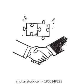 hand drawn doodle handshake and puzzle symbol for strategic partnership illustration vector