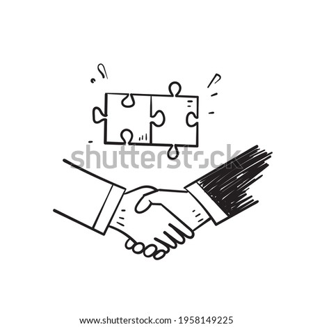 hand drawn doodle handshake and puzzle symbol for strategic partnership illustration vector